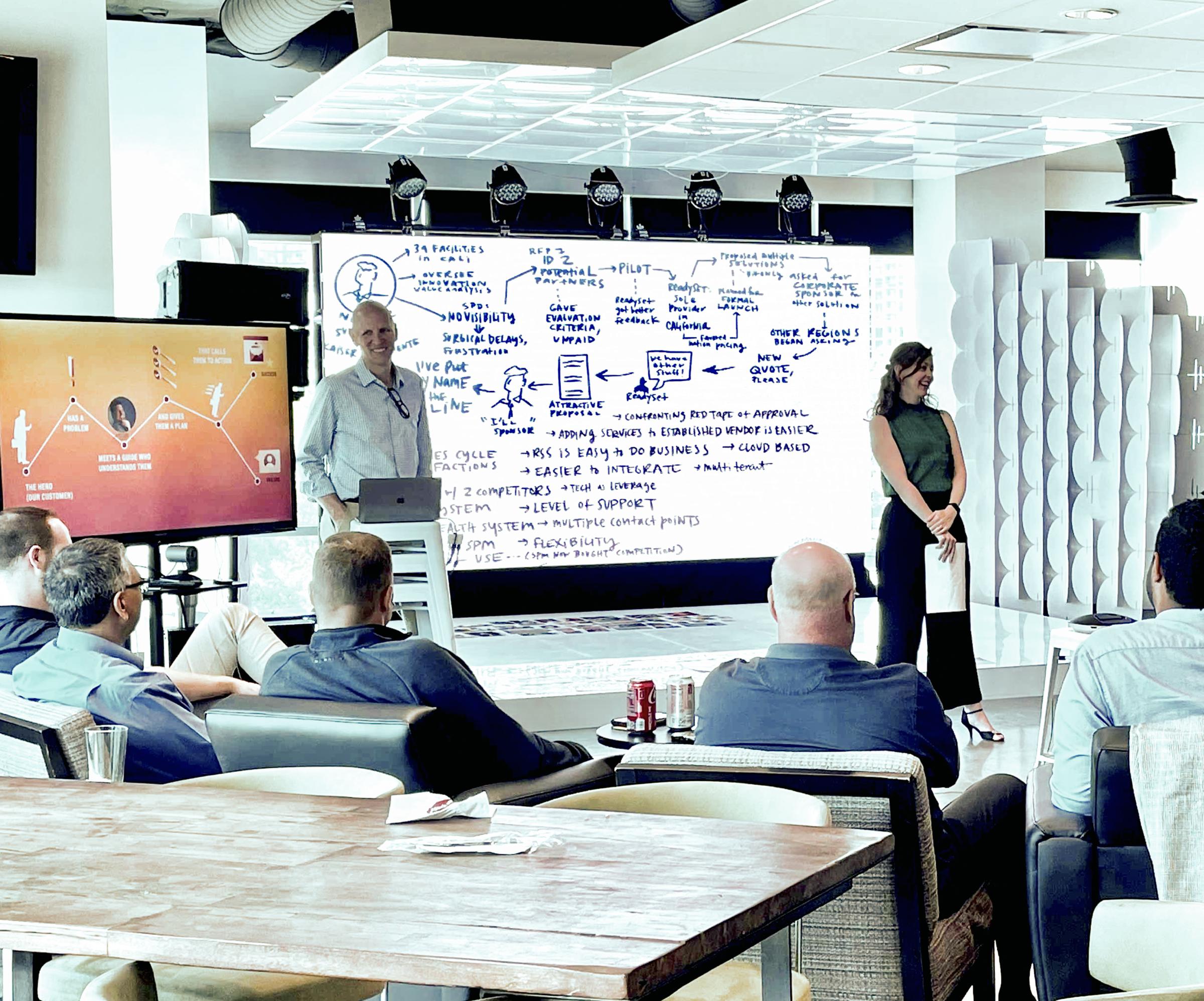 John Farkas leading a strategy workshop with an executive team in front of a large hand-drawn journey map